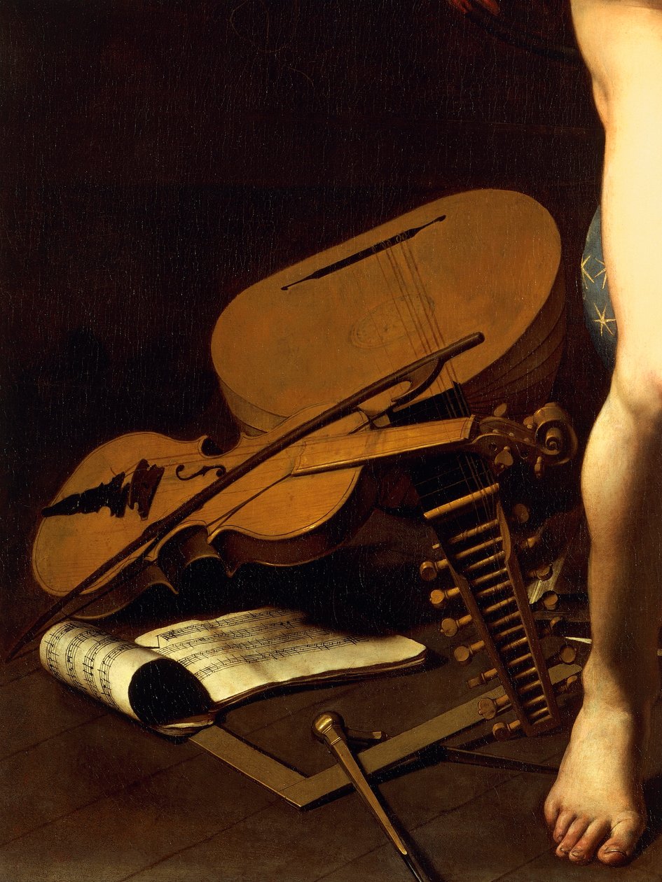 Representation av musikinstrument, detalj av Amor Victorious, c.1602 (olja på duk) av Michelangelo Merisi da Caravaggio