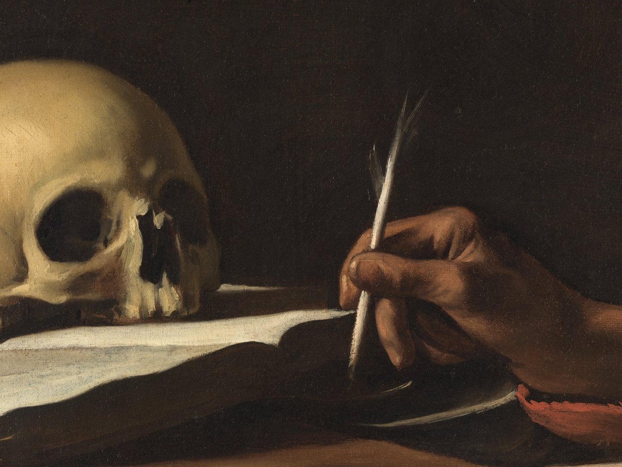Sankt Hieronymus skrift, detalj av fjädern av Michelangelo Merisi da Caravaggio