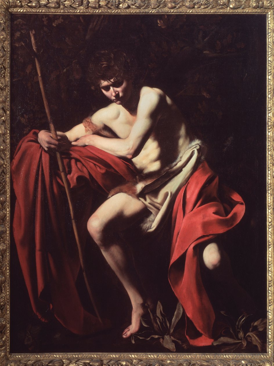 Saint John Baptist i öknen (olja på duk av Michelangelo Merisi da Caravaggio
