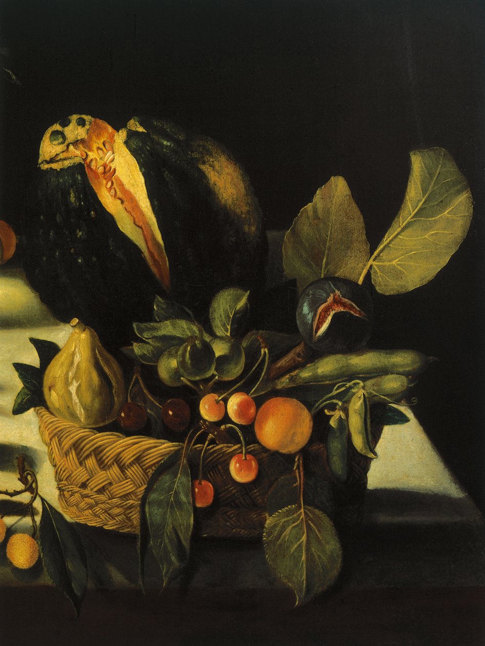Stilleben med blommor och frukt, av Master of the Hartford Still Life, c.1600-10 (olja på duk) (detalj av 507174) av Michelangelo Merisi da Caravaggio