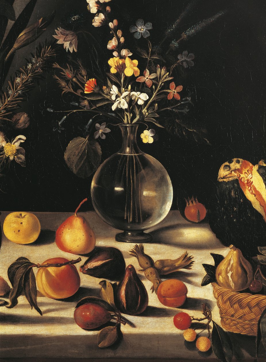 Stilleben med blommor och frukt, av Master of the Hartford Still Life, c.1600-10 (olja på duk) (detalj av 507174) av Michelangelo Merisi da Caravaggio