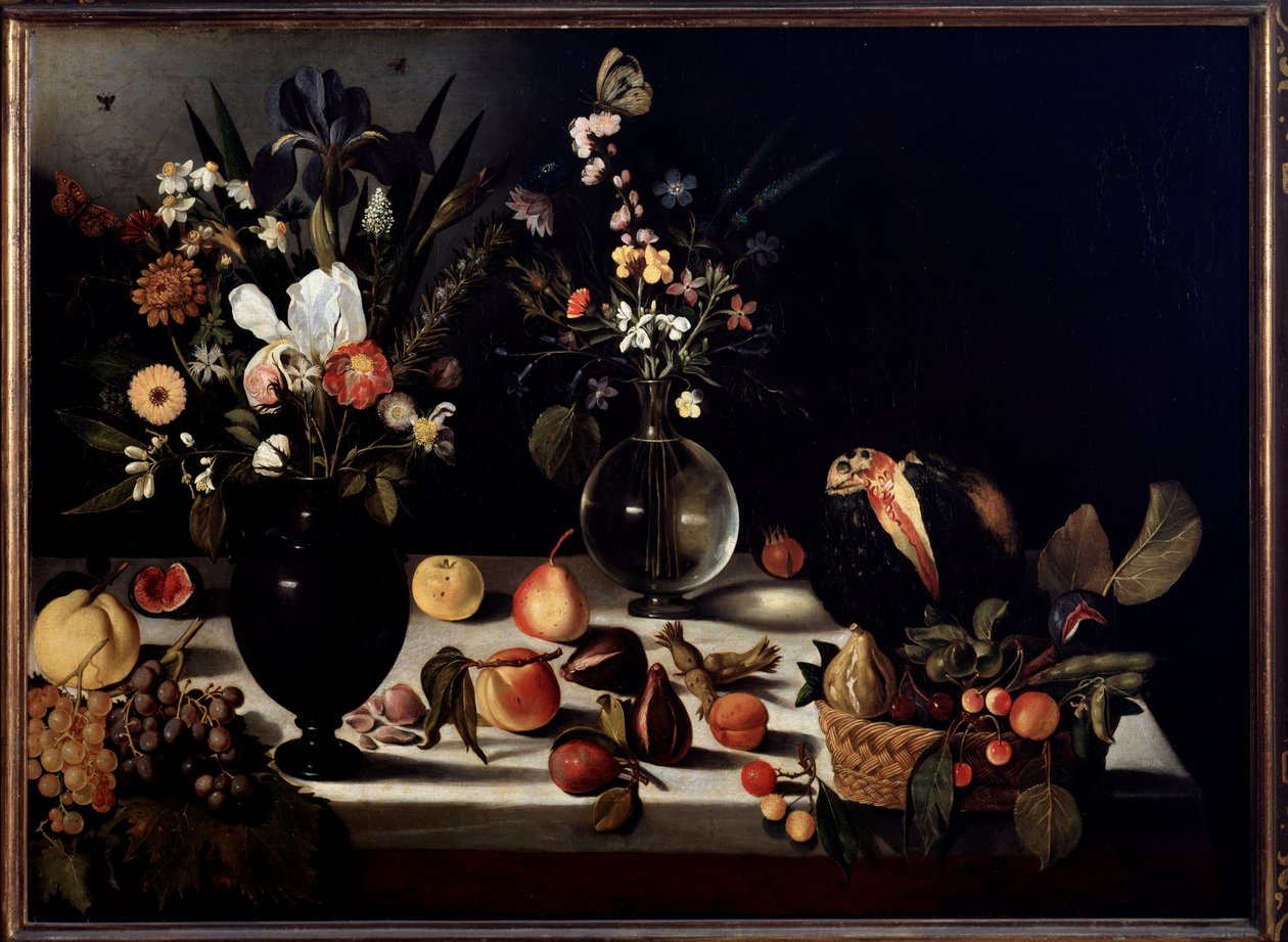 Stilleben med blommor och frukter Målning tillskriven Caravaggio dit le Caravaggio av Michelangelo Merisi da Caravaggio