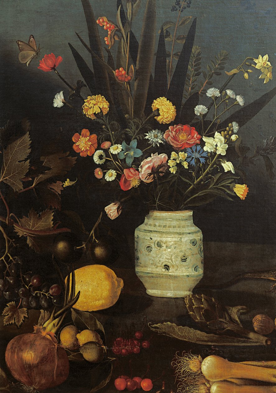 Stilleben med blommor och växter (olja på duk) (detalj av 624933) av Michelangelo Merisi da Caravaggio