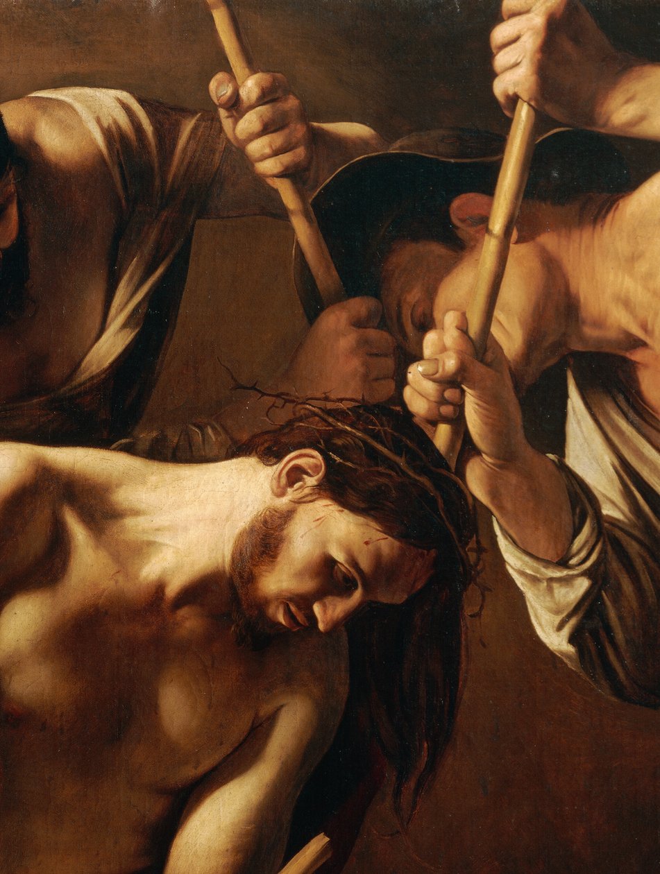The Crowning with Thorns, c.1603 (olja på duk) (detalj av 507206) av Michelangelo Merisi da Caravaggio