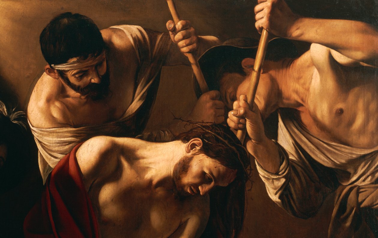 The Crowning with Thorns, c.1603 (olja på duk) (detalj av 507206) av Michelangelo Merisi da Caravaggio