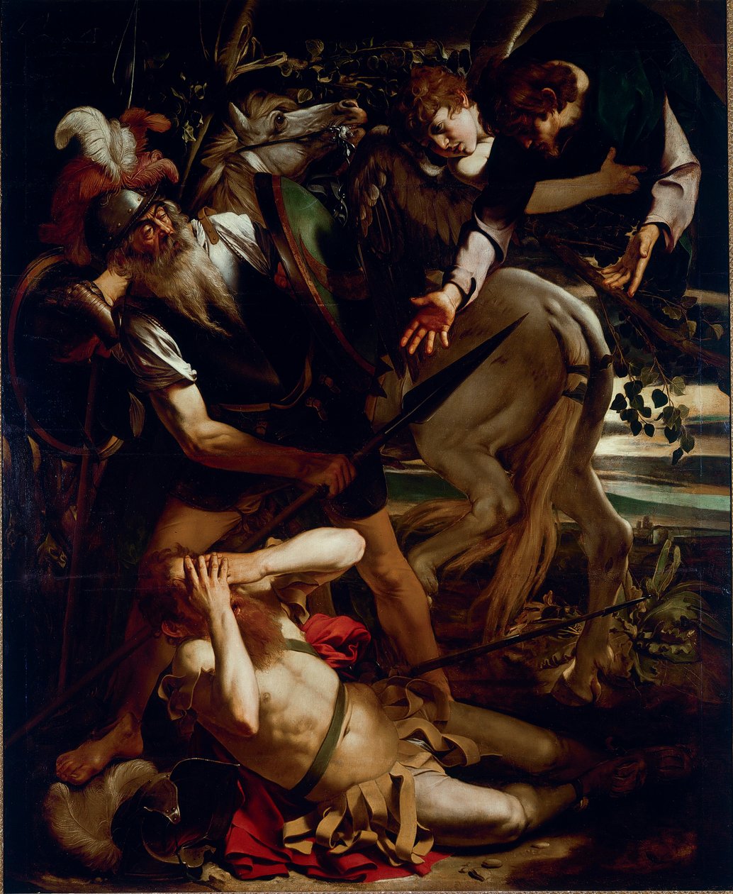 St Pauls omvandling. Målning av Michelangelo Merisi dit Il Caravaggio (The Caravaggio) (1571-1610) 1594-1596 Dim.237x189 cm Odescalchi Balbi Collection, Rome - The Conversion of St Paul, av Michelangelo Merisi a.k.a Il Caravaggio (1571-1610). Olja av Michelangelo Merisi da Caravaggio
