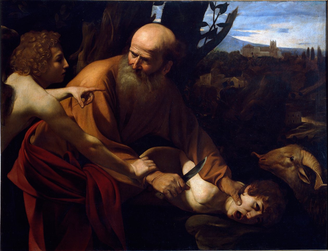 Isaks offer En ängel håller Abrahams hand före offret av hans son Isaks på befallning av Herren. Målning av Michelangelo Merisi kallad The Caravaggio eller il Caravaggio (1571-1610) 1594-1596 Dim. 104x135 cm Florens, Galleria degli Uffizi ( av Michelangelo Merisi da Caravaggio
