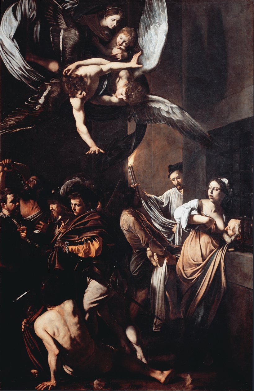 De sju verken av misericorde (Sette opere di misericordia). Cimon dömer att svälta i fängelset livnär sig på bröstet på sin dotter Pero (Roman Charity) och i bakgrunden bär en man en fackla i lågor för att dra ut ett lik. Överst har jungfrun t av Michelangelo Merisi da Caravaggio