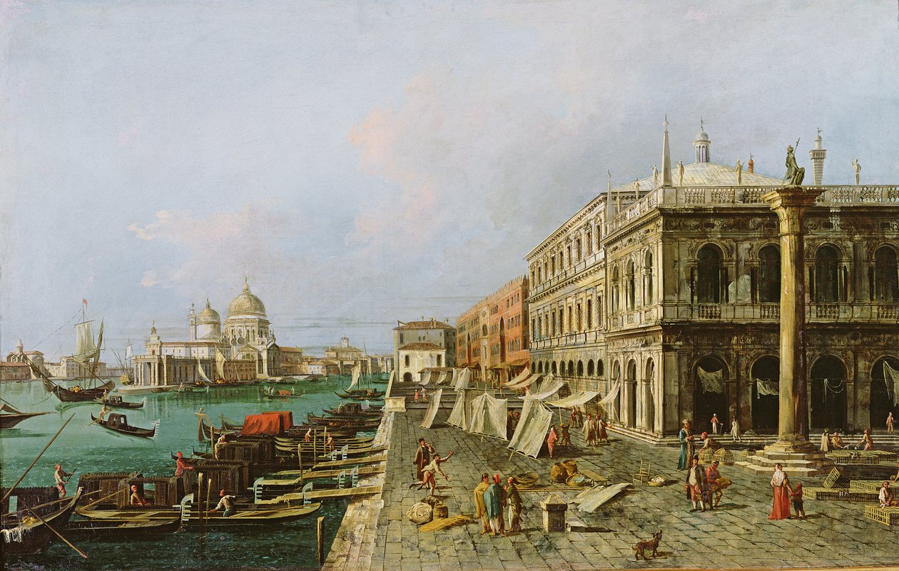 Utsikt över Molo framför Palazzo della Zecca, med Santa Maria della Salute i bakgrunden, Venedig av Michele Marieschi