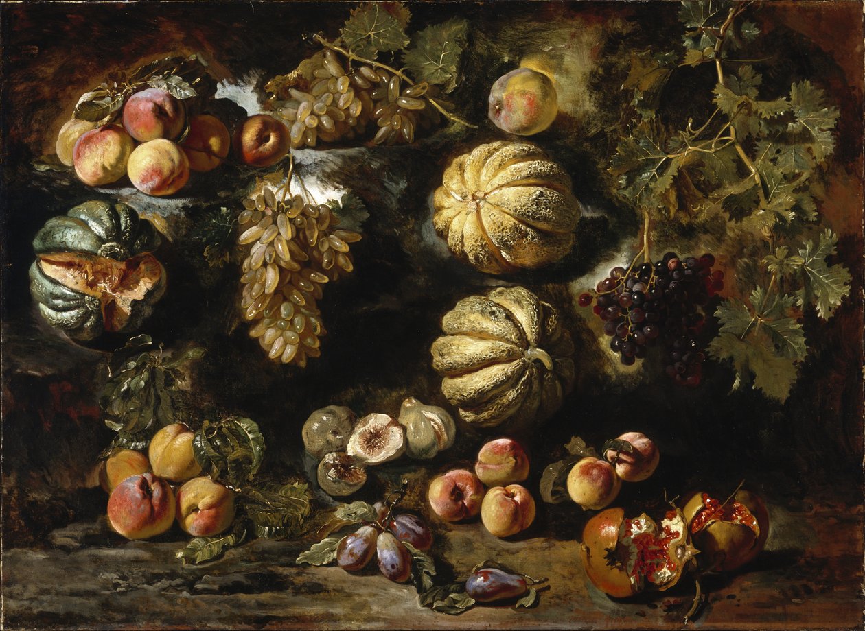 Stilleben med meloner, persikor, fikon och vindruvor, ca. 1640-1650 av Michele Pace del Campidoglio