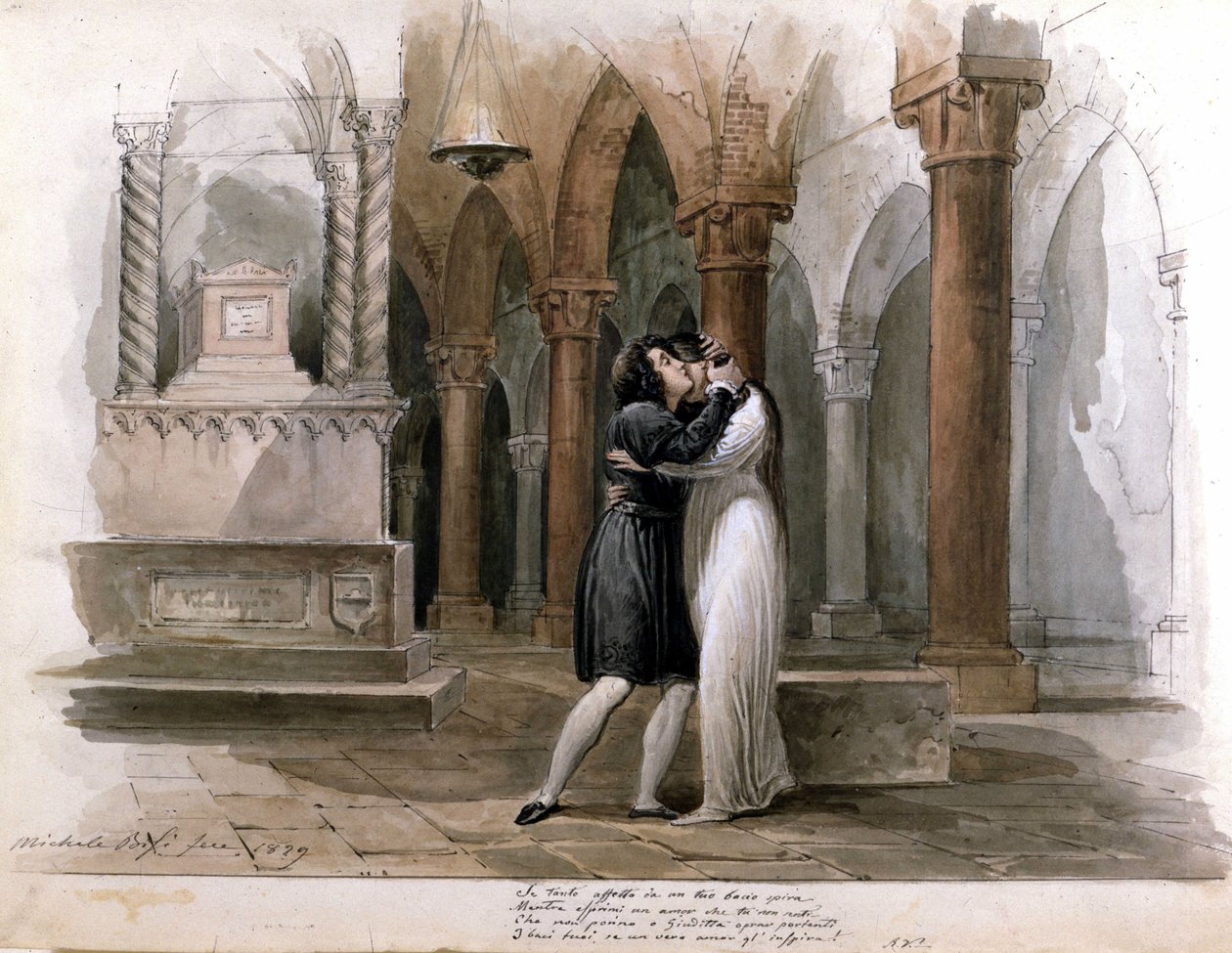 I Capuleti e i Montecchi (Les Capulet et les Montaigu) av Vincenzo Bellini, föreställning på Fenice Theatre i Venedig. Giuditta Pasta och Giulia Grisi framför Romeo och Julia. Akvarell av Michele Bisi av Michele Bisi