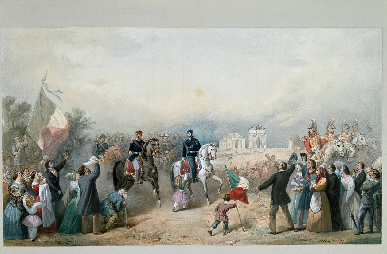 Triumferande inträde av kungen av Sardinien Vittorio Emanuele II och Napoleon III i Milano den 8 juni 1859 (akvarell av Michele Bisi