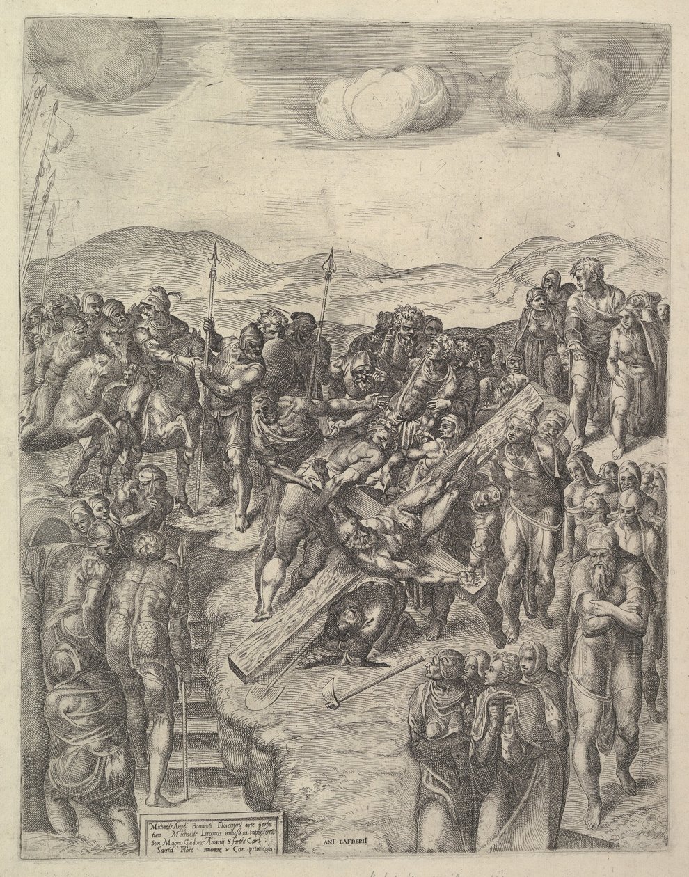 The Crucifixion of Saint Peter, efter Michelangelos fresker i Pauline Chapel, Va..., 1550-60. av Michele Lucchese