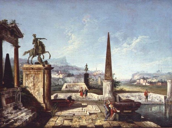 En Capriccio av klassiska monument, en obelisk med soldater vid en pool och bergen bortom (olja på duk) av Michele Marieschi