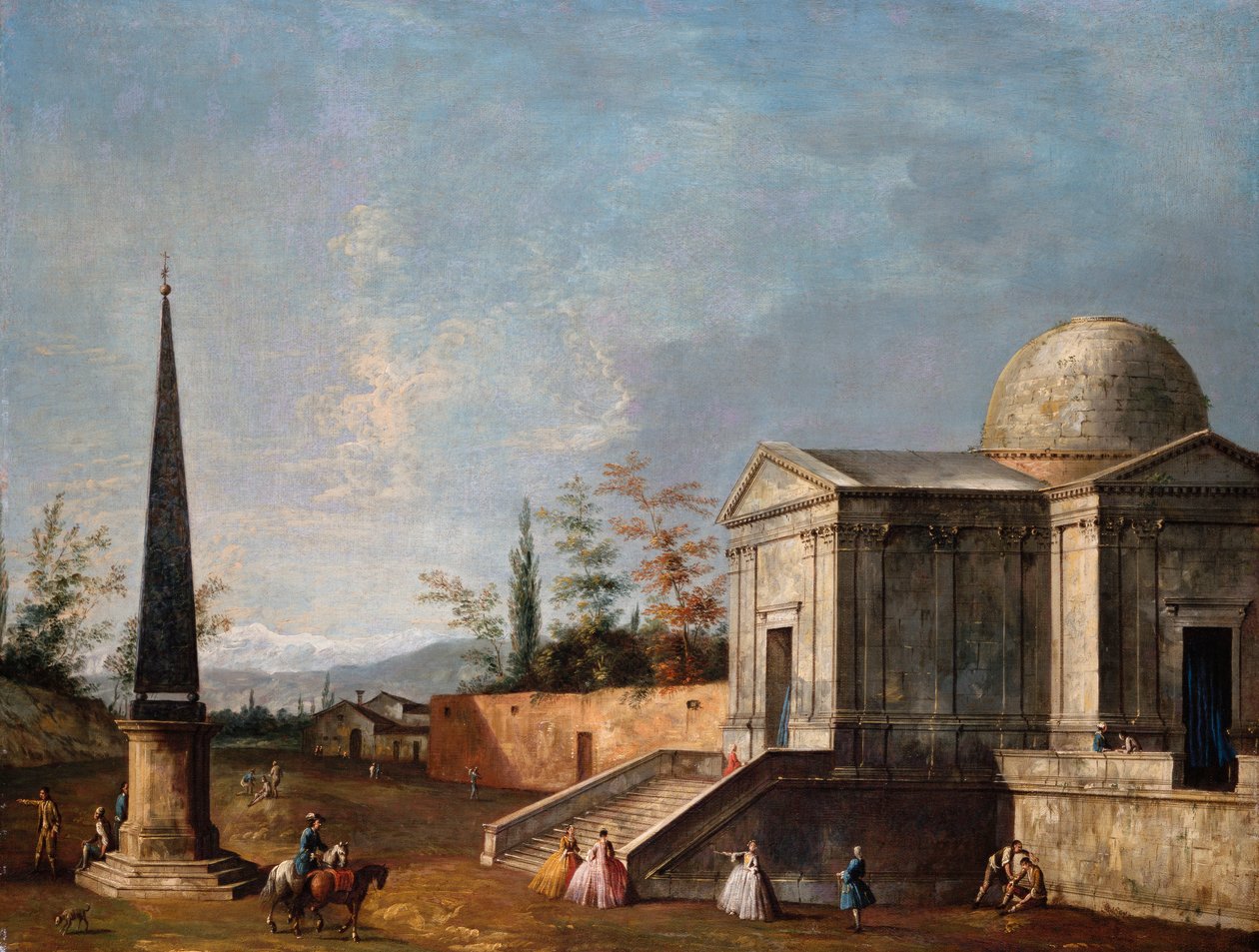 Eleganta figurer framför en kupolförsedd klassisk kyrka, en obelisk till vänster av Michele Marieschi