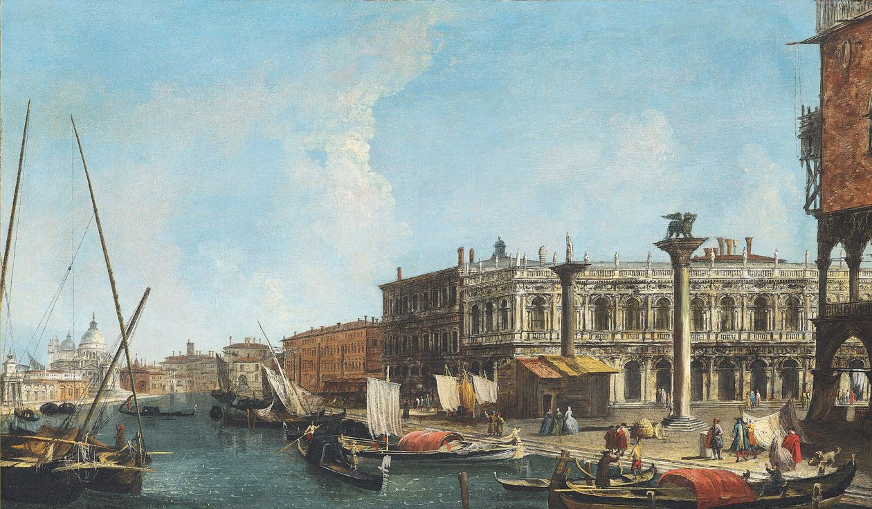 Ingång till Canal Grande i Venedig med Piazetta och Libreria Marciana till höger, Dogana och Santa Maria della Salute till vänster av Michele Marieschi
