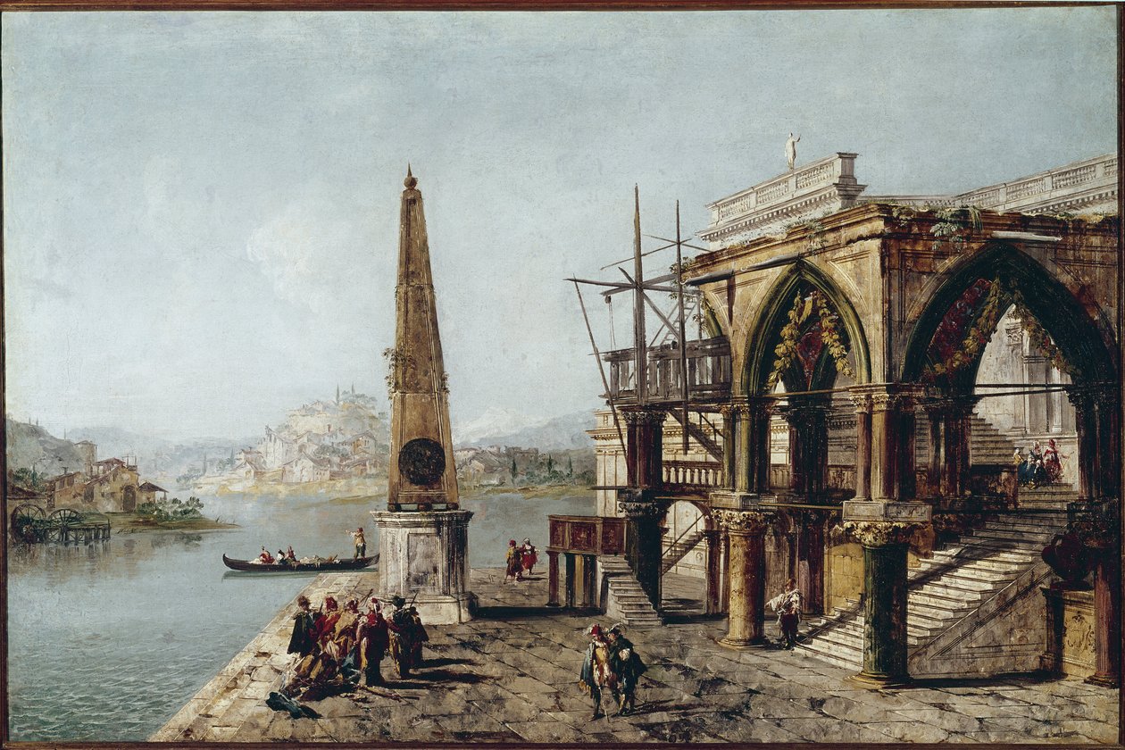 Imaginary View med Obelisk (olja på duk av Michele Marieschi