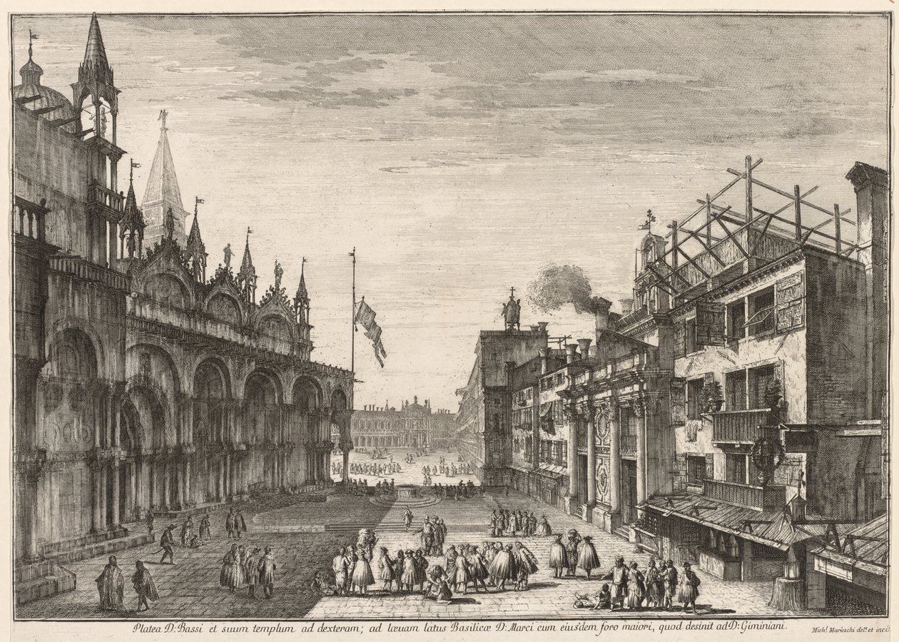 Utsikt över Venedig: Piazzetta S. Basso, 1741. av Michele Marieschi
