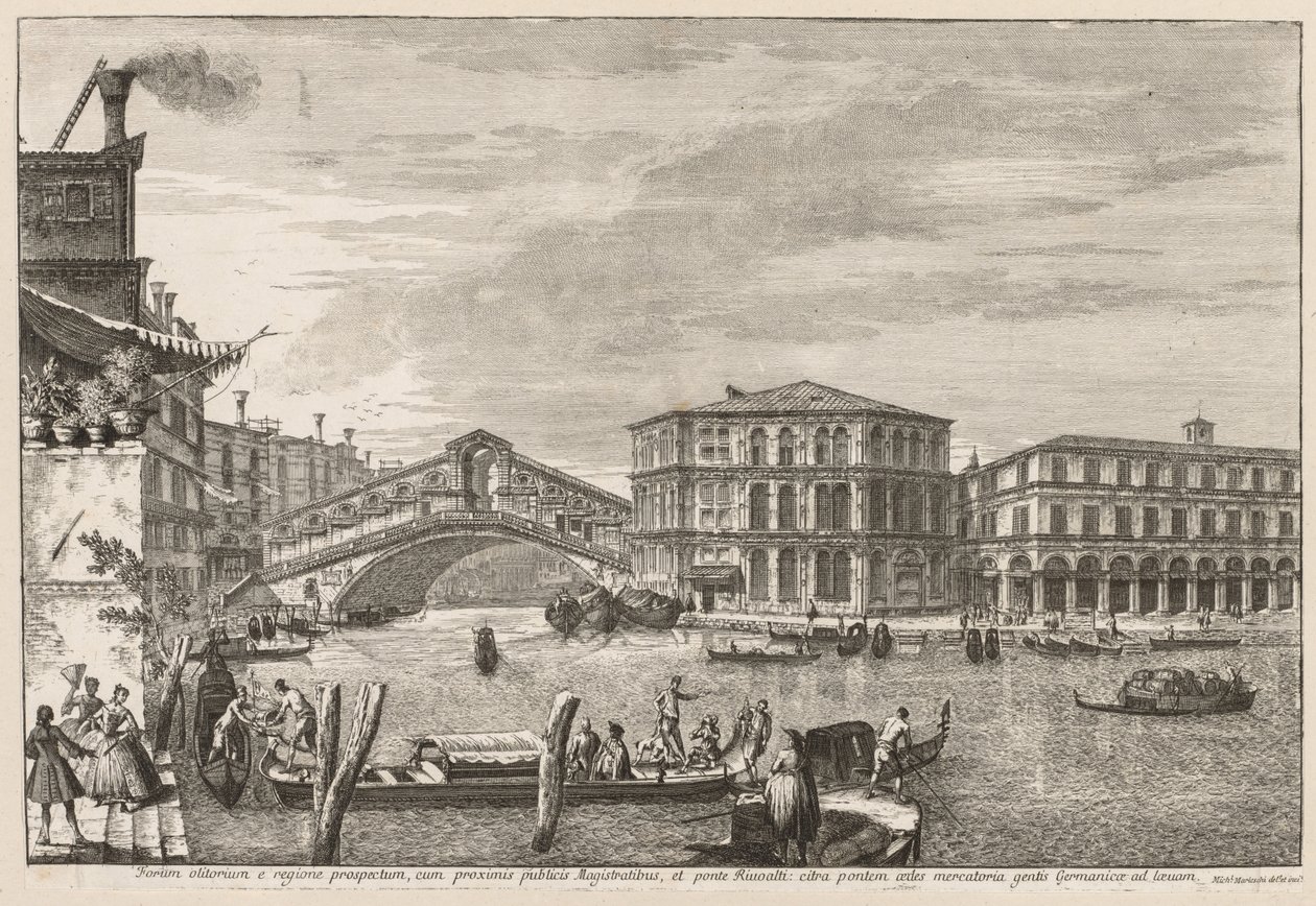 Utsikt över Venedig: Rialtobron och marknaden av Michele Marieschi