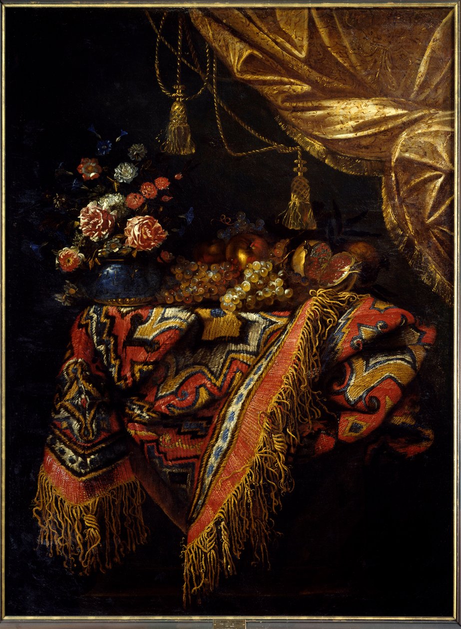 Stilleben Frukter och blommor poserade på en duk. Målning av Michelangelo Campidoglio (1610-1670) Rennes från 1600-talet, museum för konst. av Michele Pace del Campidoglio