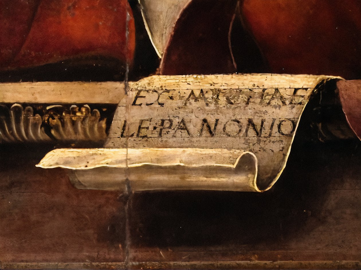 Musan Thalia, detalj, ca 1456-57 (olja och tempera på poppel) av Michele Pannonio