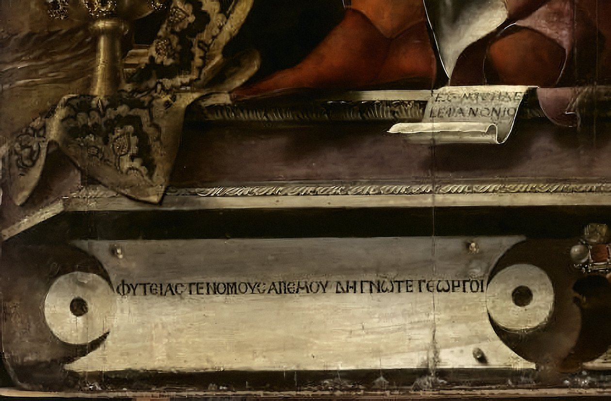Musan Thalia, detalj, ca 1456-57 (olja och tempera på poppel) av Michele Pannonio