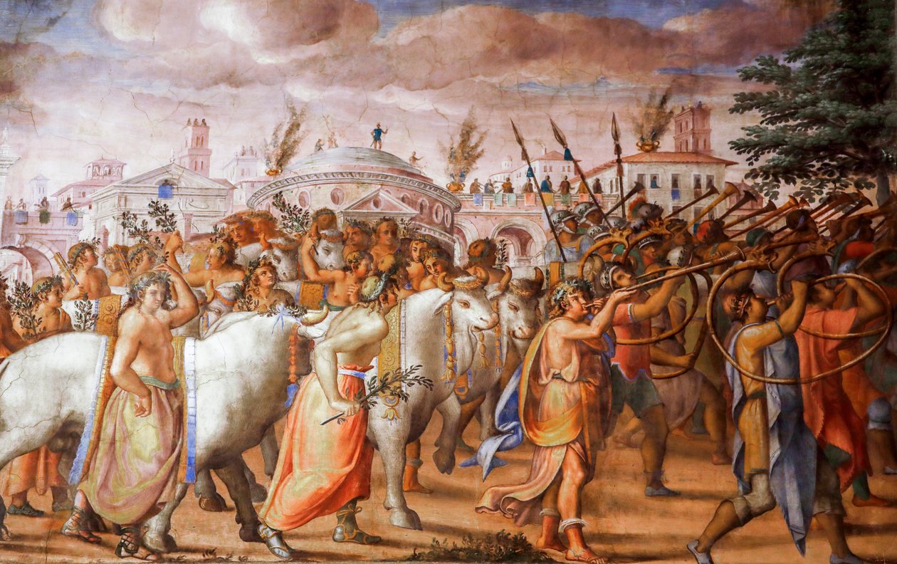 Triumf för konsuln Lucius Aemilius Paulus över Perseus, kung av Makedonien (detalj), omkring 1570 (fresk) av Michele and Rocchetti Jacopo Alberti
