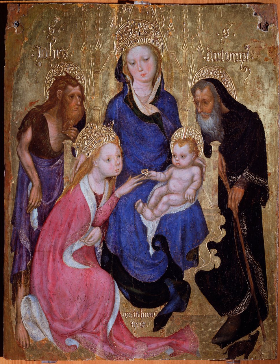 Sankta Katarinas mystiska äktenskap med de heliga Johannes Döparen och Antonius av Egypten - Målning, cirka 1420 av Michelino Molinari da (attr. to) Besozzo