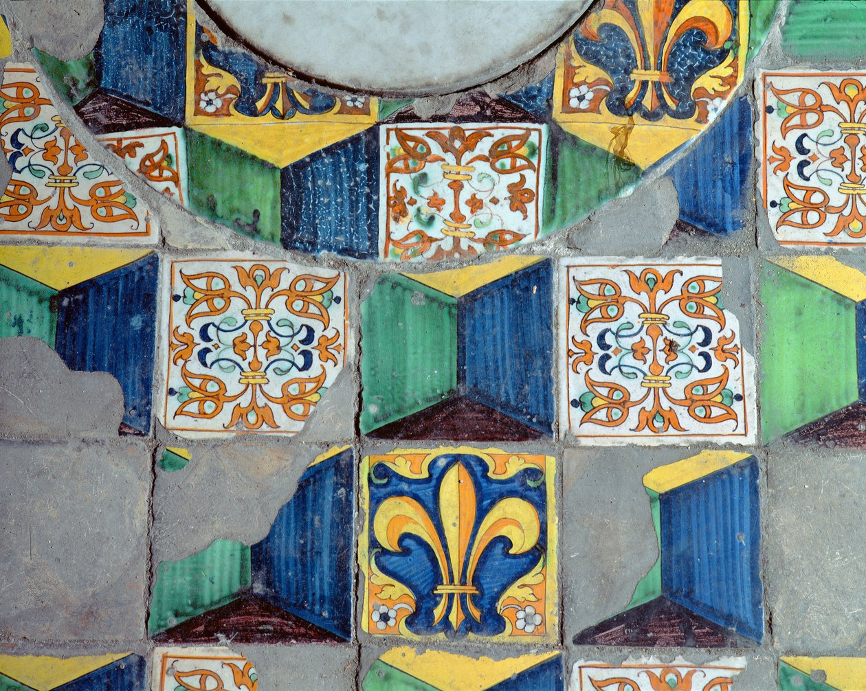 Detalj av golvplattor från källaren i Villa Medicea de Careggi keramik. av Michelozzo di Bartolommeo