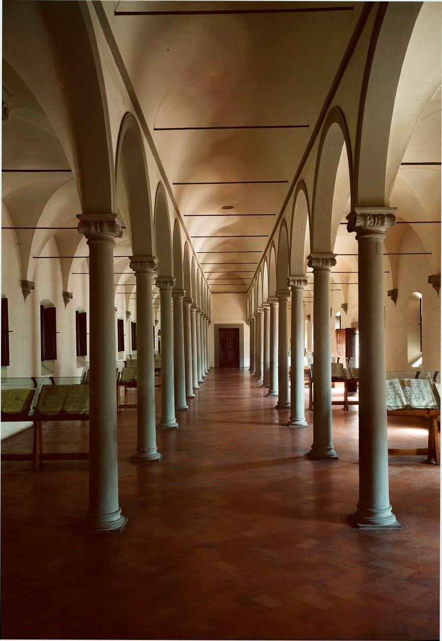 Bibliotek i San Marco-klosteret (Saint Mark) i Firenze, Italien. Arkitektur af Michelozzo di Bartolommeo Michelozzi kendt som Michelozzo Michelozzi (Firenze 1396 - 1472) Sverige av Michelozzo di Bartolommeo