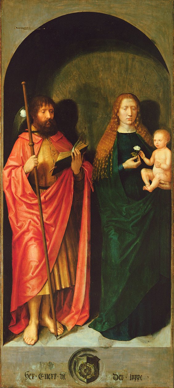 Madonna och barnet med aposteln Jakob den äldre från den vänstra yttre flygeln på St. Anthonys Altar, ca 1517-18 (olja och tempera på panel) av Michiel Sittow
