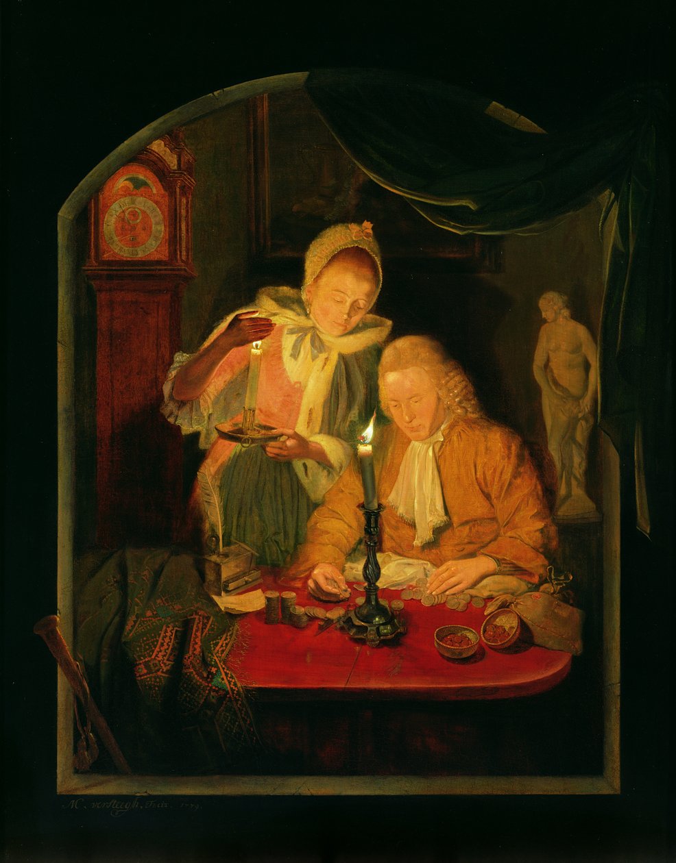 Par som räknar pengar med levande ljus, 1779 (panel) av Michiel Versteegh