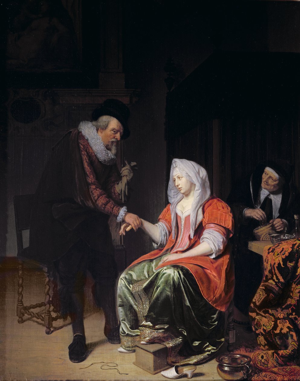 Läkare tar en ung kvinnas puls av Michiel van Musscher