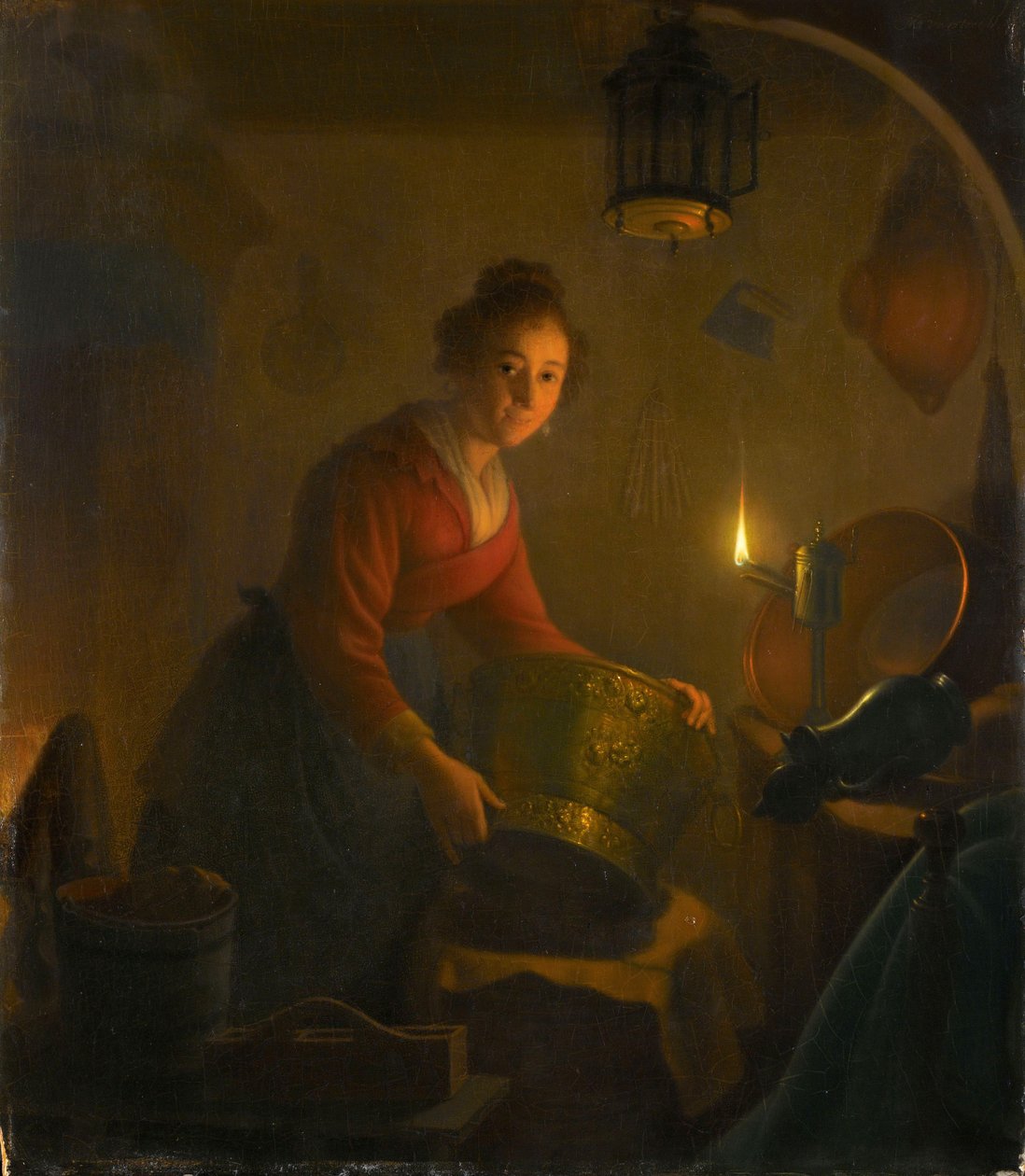 Woman in a Kitchen by Candlelight, ca 1830 (olja på panel) av Michiel Versteegh