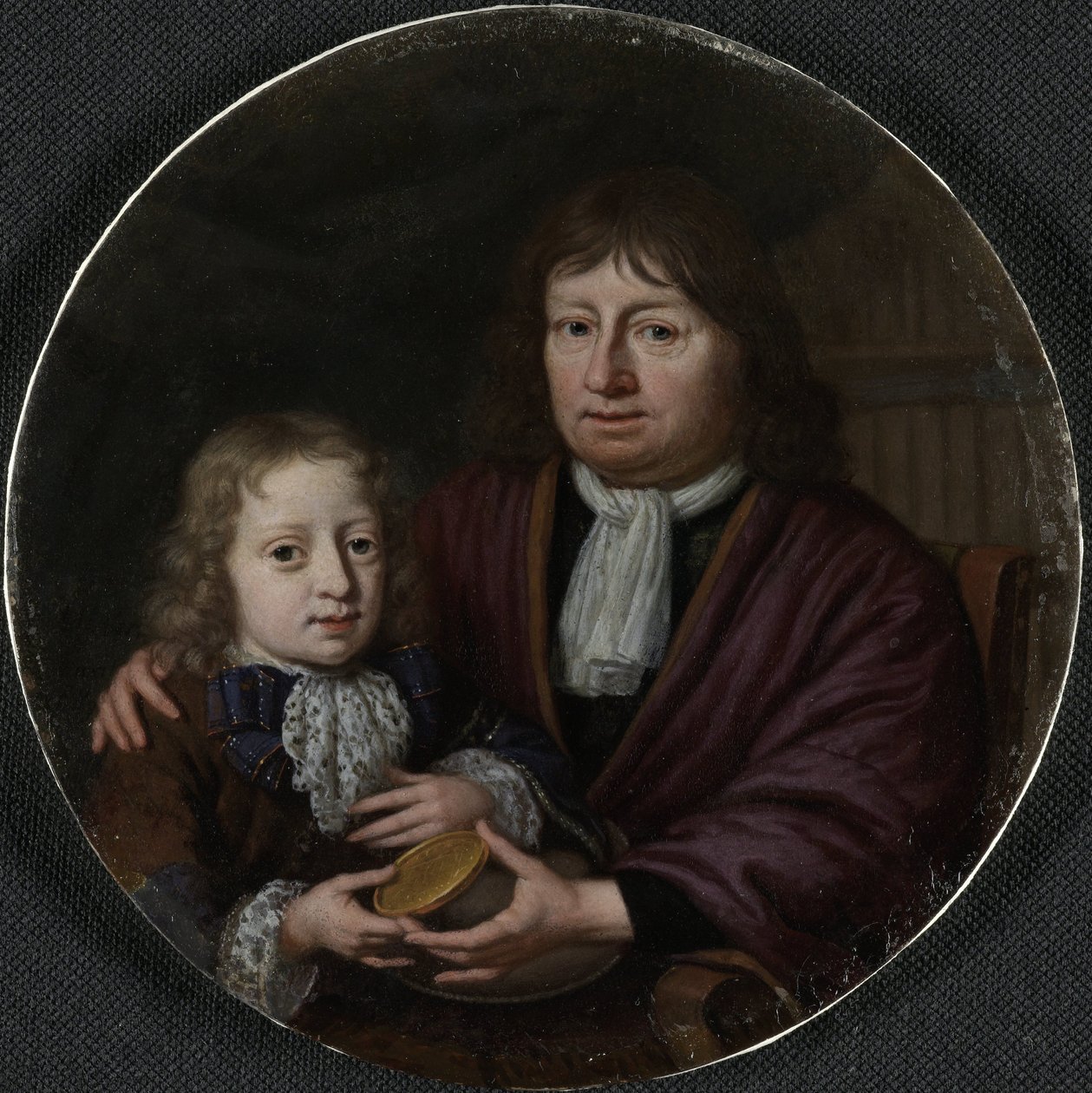 Dubbelporträtt av Isaac Pontanus och Hendrik van Beek Isaac Pontanus (1625-1710) ger sitt barnbarn Hendrik van Beek en guldmedalj av Michiel van Musscher (signed by artist)