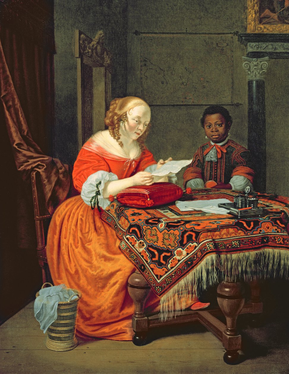 En kvinna som läser ett brev med en svart närvarande, 1670 av Michiel van Musscher