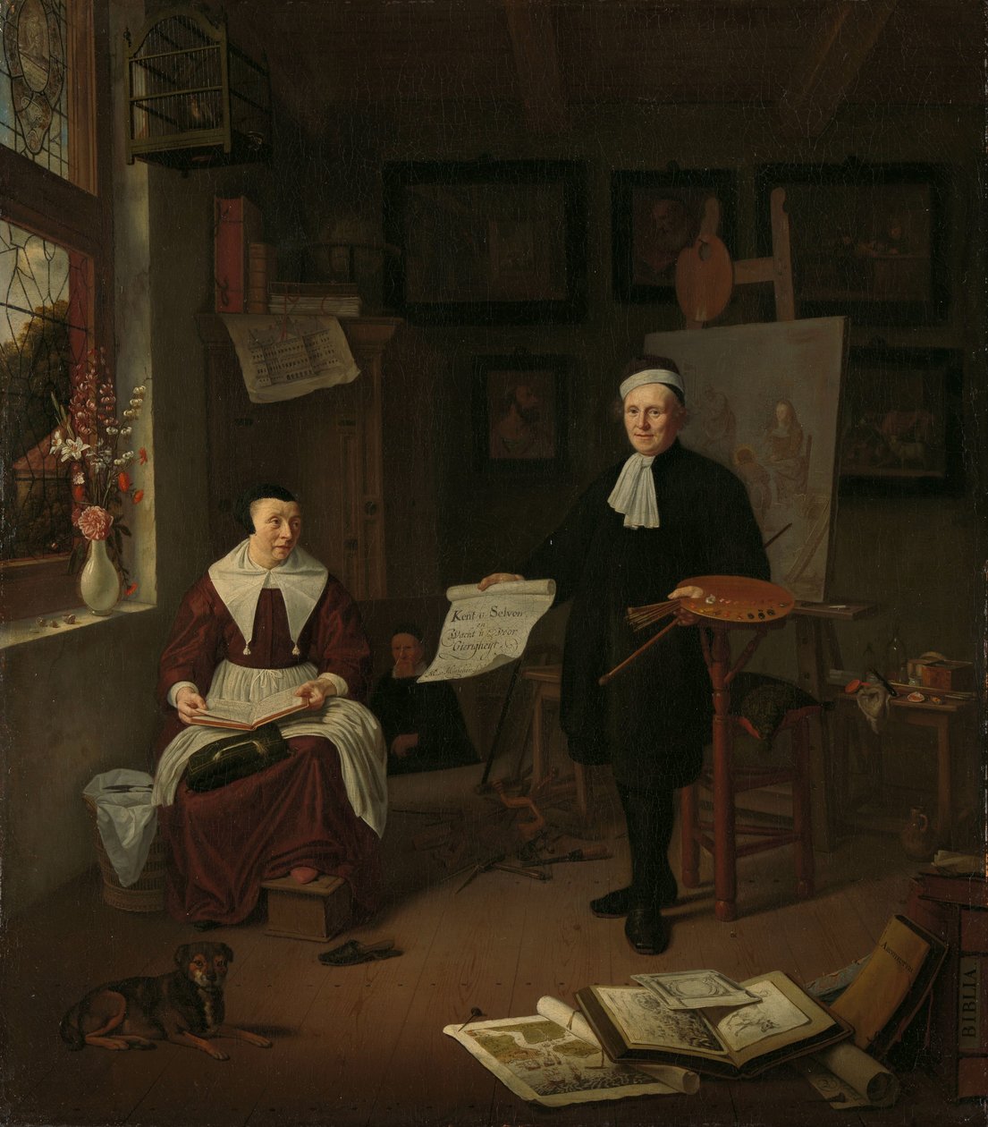 Porträtt av Michiel Comans (1614-1687), kalligraf, etsare, målare och skolmästare, med sin tredje fru Elisabeth van der Mersche av Michiel van Musscher