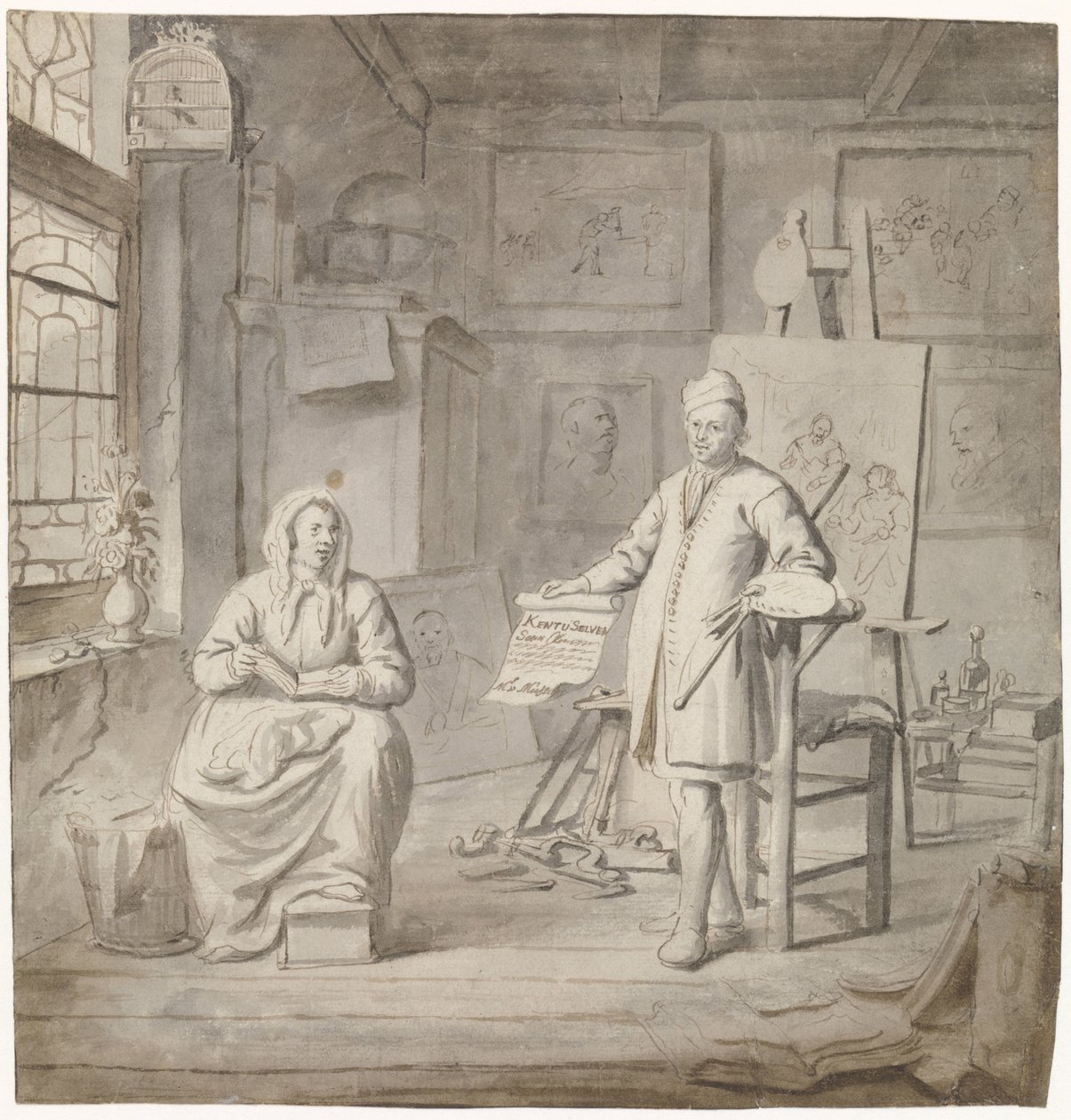 Målaren Michiel Comans och hans tredje fru Elisabeth van der Mersche i studion av Michiel van Musscher