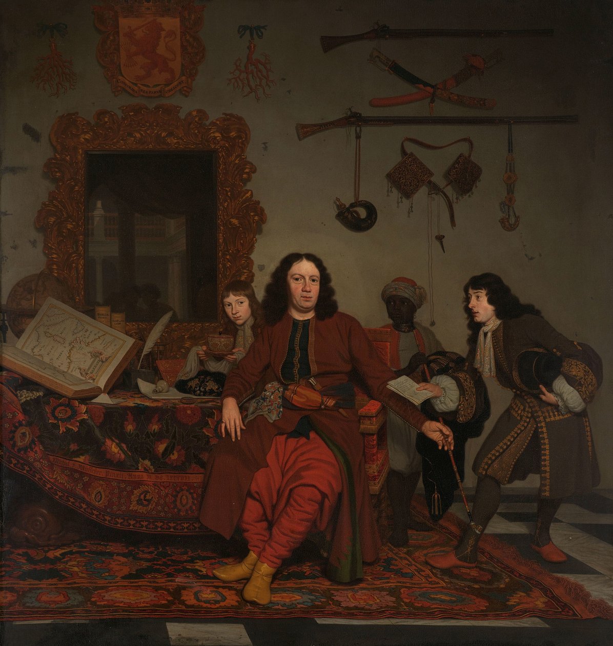 Thomas Hees och hans tjänare Thomas och syskonbarnen Jan och Andries Hees Porträtt av Thomas Hees (f. 1634/35), bosatt och kommissarie för delstaternas general till regeringarna i Alger, Tunis och Tripoli, med sina syskonbarn Jan (f. 1670/71) och Andries ( av Michiel van Musscher