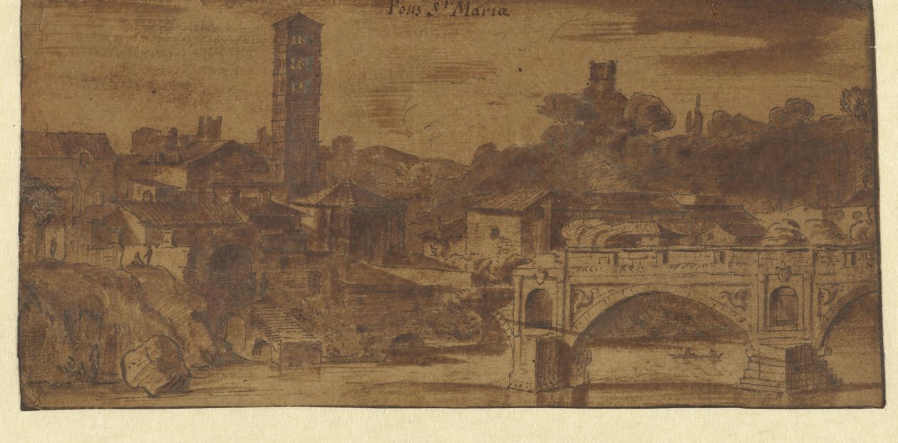 Utsikt över S. Maria i Cosmedin, Vesta-templet och Ponte S. Maria i Rom av Michiel van Overbeek