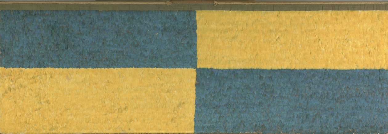 Panel med rektanglar av blått och gult fjäderarbete, ca. A.D.650-850 (fjädrar (blå och guld ara), bomullstyg och kamelfibertyg) av Middle Horizon Epoch 2A