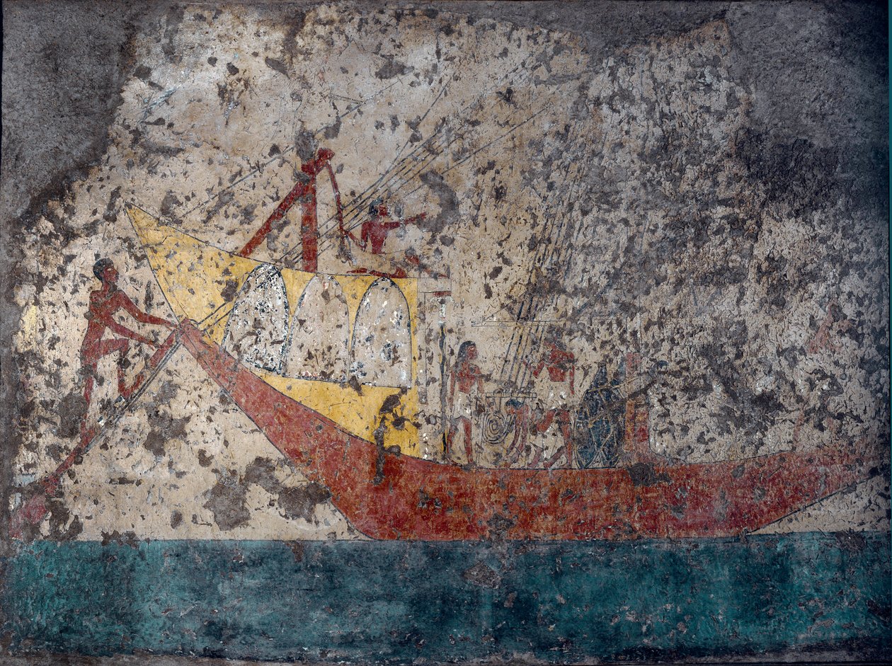 Egyptisk antikvitet: "" Egyptiskt militärskepp"" Fresk från en grav. 2000 f.Kr. Turin, Museo Egizio av Middle Kingdom Egyptian