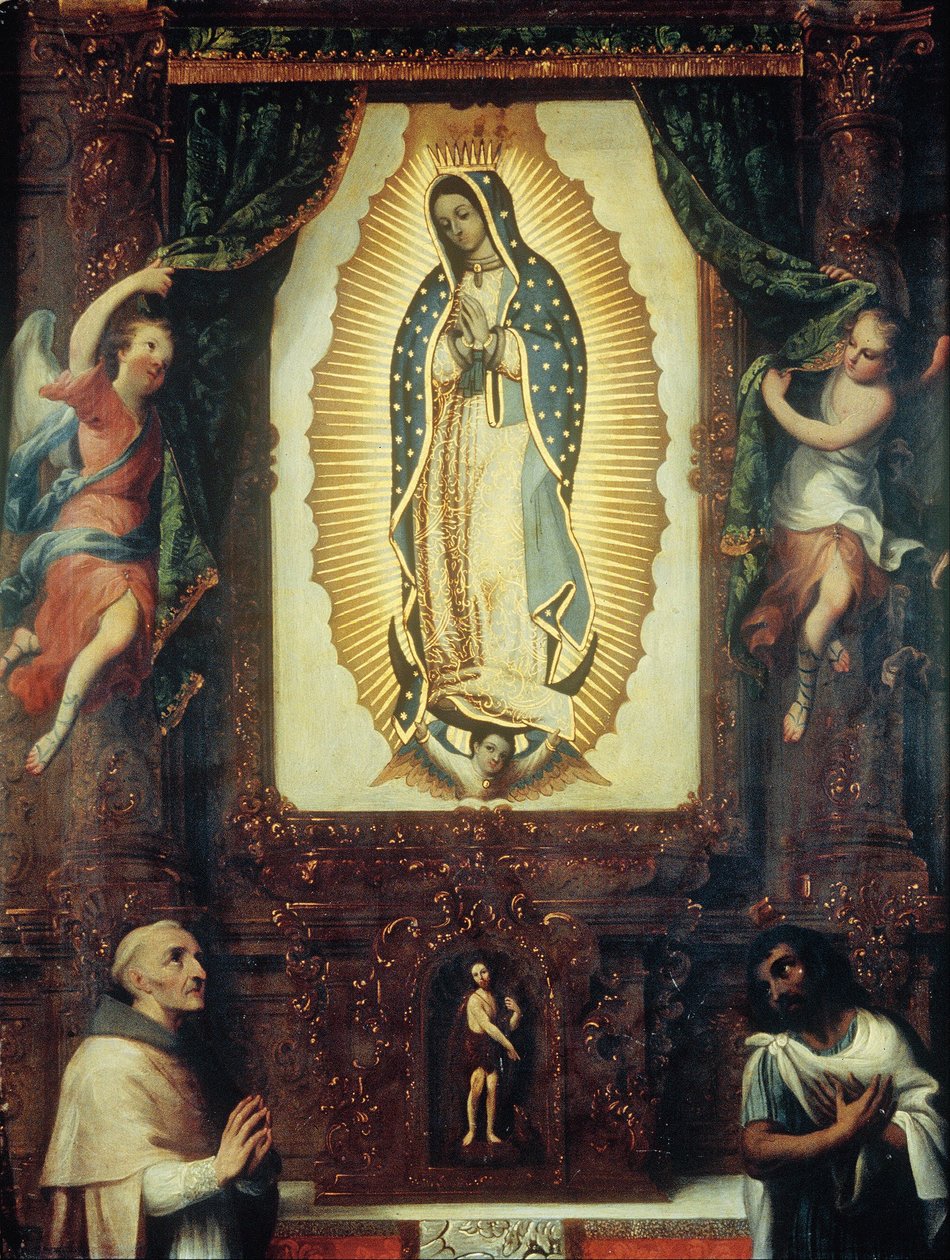 Altartavla av Jungfru av Guadalupe med Johannes Döparen, Fray Juan de Zumárraga och Juan Diego av Miguel Cabrera