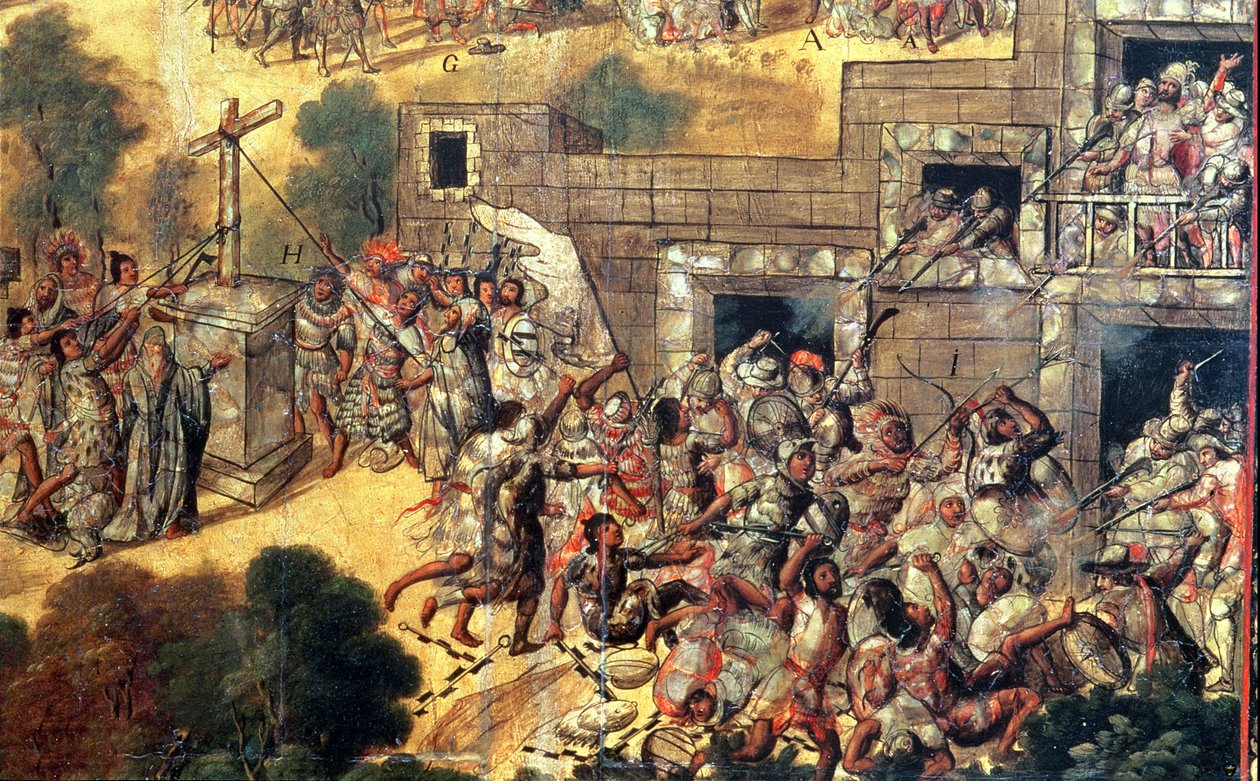 Detalj av försöket att dra ner korset vänd mot idolerna och stenkastning och pilskott mot Montezuma (1466-1520) 1698 (olja på panel) av Miguel Gonzalez