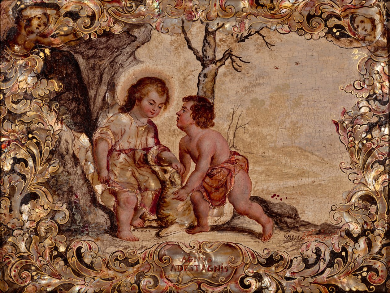 Jesusbarnet och Johannes Döparen (olja  pärlemorinlägg på träpanel) av Miguel Gonzalez