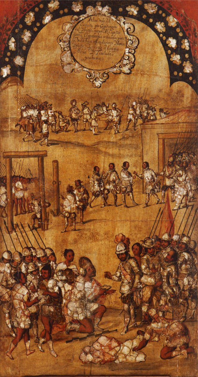 Erövringen av Mexiko, panel III, ca 1696-1715 (måla på trä) av Miguel Gonzalez