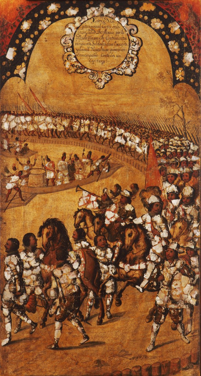 Erövringen av Mexiko, panel IX, ca 1696-1715 (måla på trä) av Miguel Gonzalez