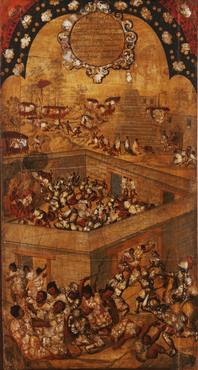 Erövringen av Mexiko, panel VII, ca 1696-1715 (måla på trä) av Miguel Gonzalez