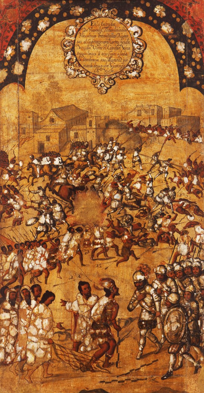 The Conquest of Mexico, Panel V, c.1696-1715 (måla på trä) av Miguel Gonzalez
