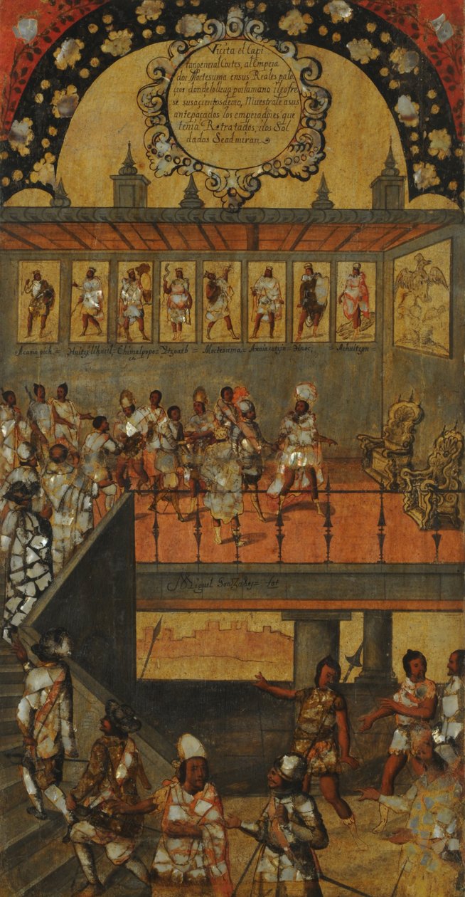 Erövringen av Mexiko, Panel XII, ca 1696-1715 (måla på trä) av Miguel Gonzalez